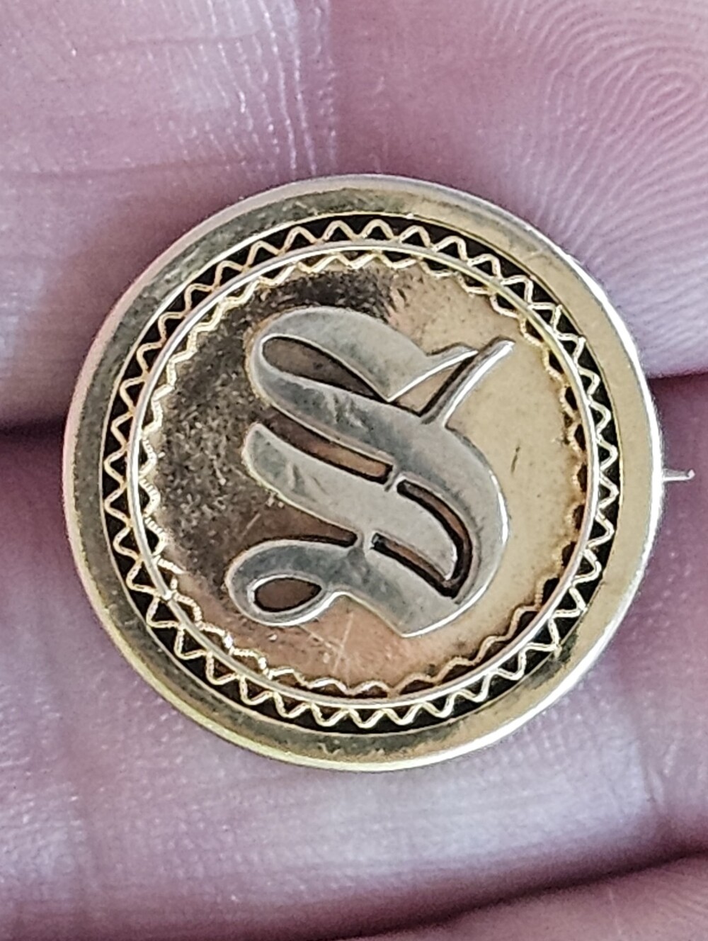 Antique Victorian Solid 14k White & Yellow Gold Monogram Script 'S' Pin 4.77g